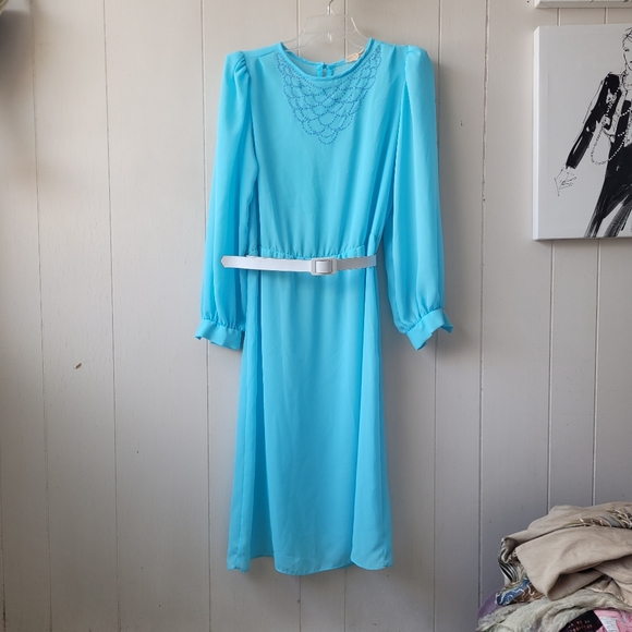 Vintage 70s Blue Sheer Day Dress with Blue Beading White Belt - Picture 1 of 9